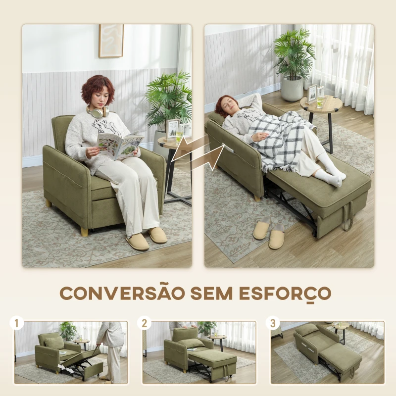 HOMCOM Poltrona Cama Estofado em Veludo Ecológico com Encosto Ajustável 3 Níveis 6 Bolsos Laterais 74x85,5x82 cm Castanho