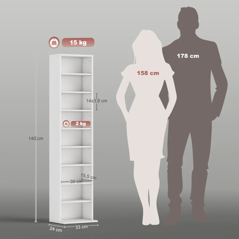 HOMCOM Estante para CDs e DVDs Suportes para CD Estreitos com 9 Compartimentos Prateleiras Ajustáveis 33x24x140 cm Branco