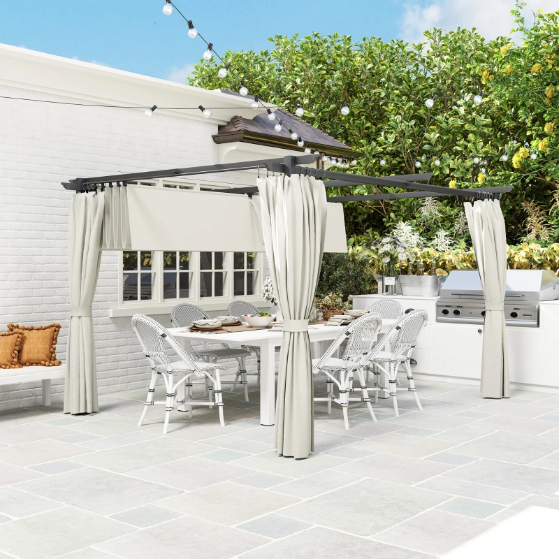 Outsunny Pergolă de grădină exterioară 3 x 4 m, acoperiș retractabil și perdele, anti-UV UPF30+, pentru grătar, patio, terasă, crem