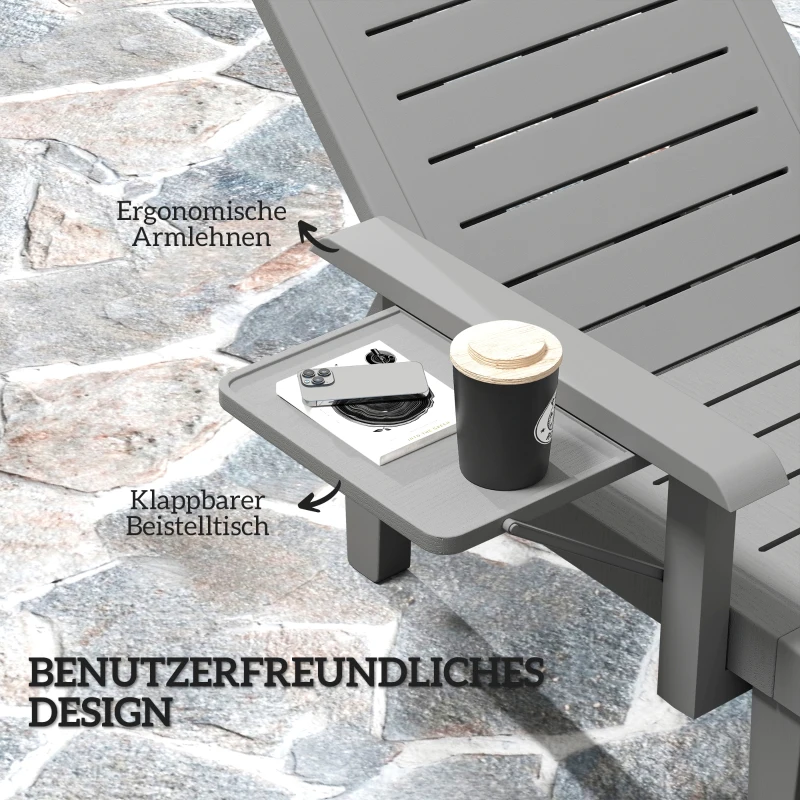 Outsunny Sonnenliege Gartenliege mit Seitentisch Holzoptik Liegestuhl mit 5-Fach verstellbare Rückenlehne Dunkelgrau