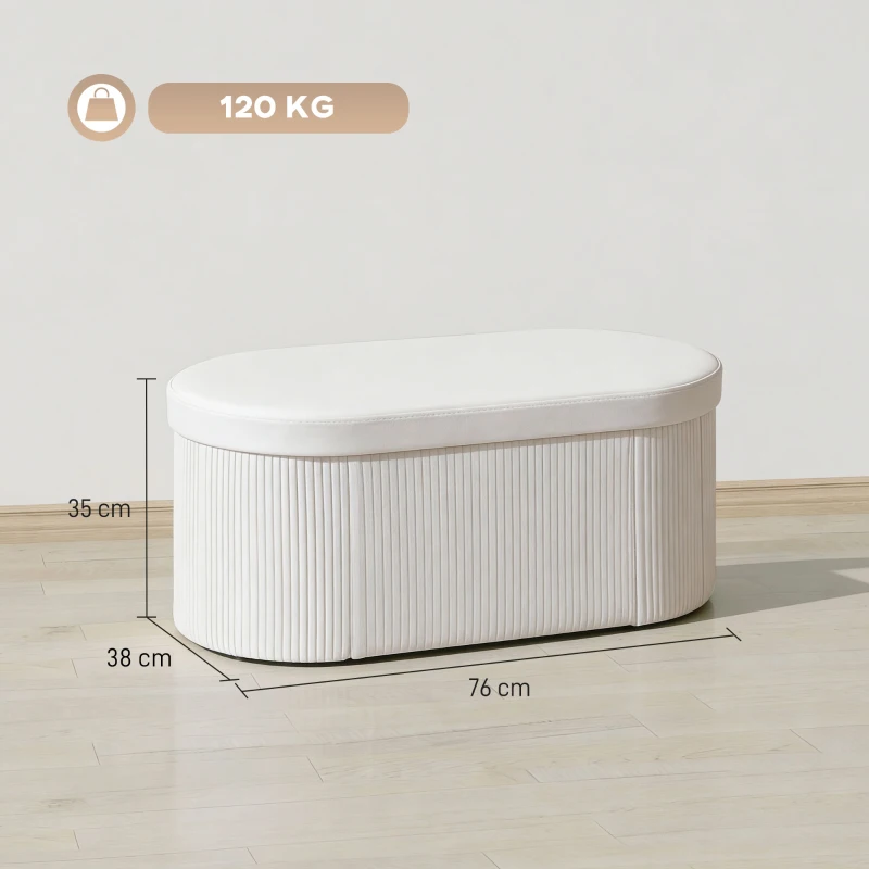HOMCOM Ławka ze schowkiem, składana pufa tapicerowana z efektem aksamitu do salonu 76 x 38 x 35 cm krem