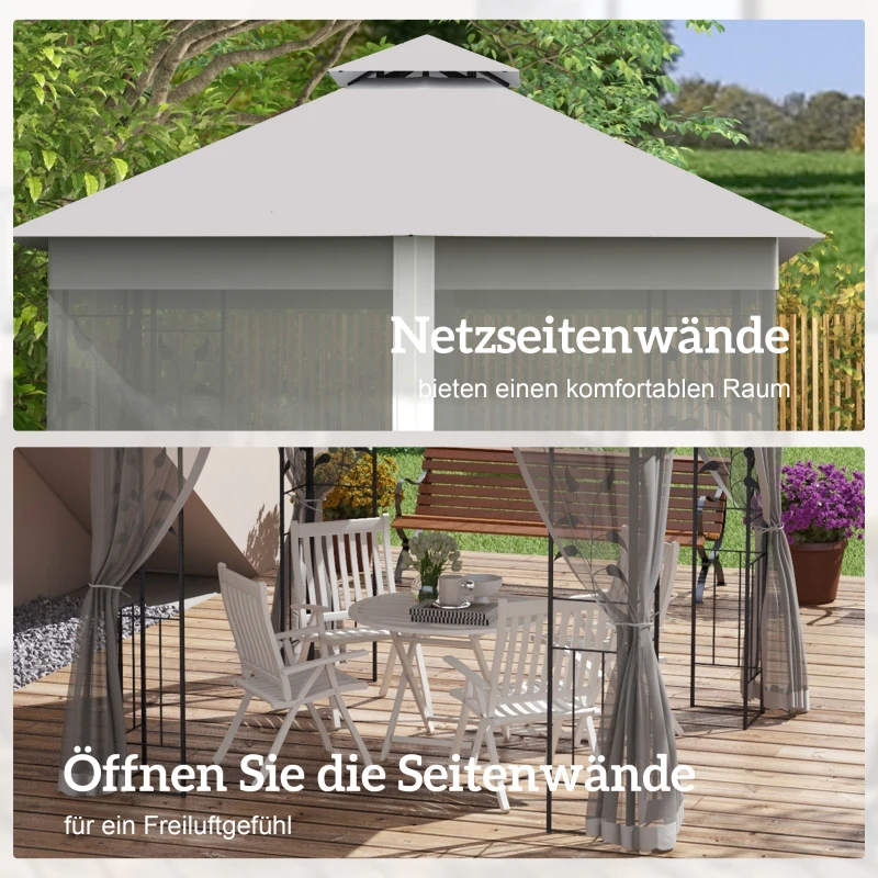 Outsunny Pavillon mit Doppeldach, 3x3 m Wasserabweisend Stabil Winterfest Gartenpavillon mit Moskitonetz Hellgrau