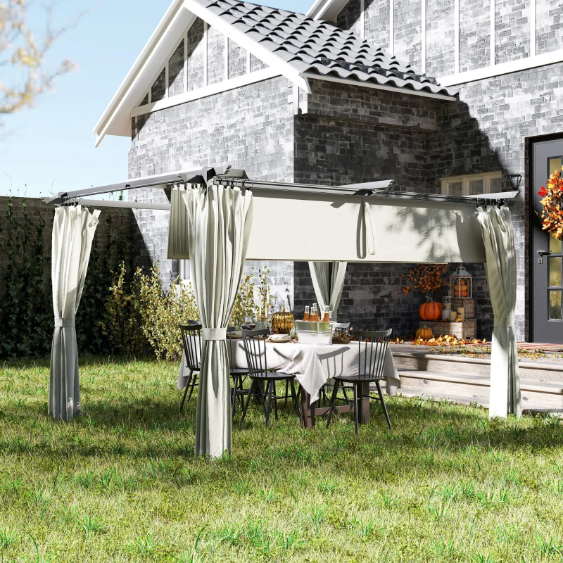 Outsunny Pergolă de grădină exterioară 3 x 4 m, acoperiș retractabil și perdele, anti-UV UPF30+, pentru grătar, patio, terasă, crem