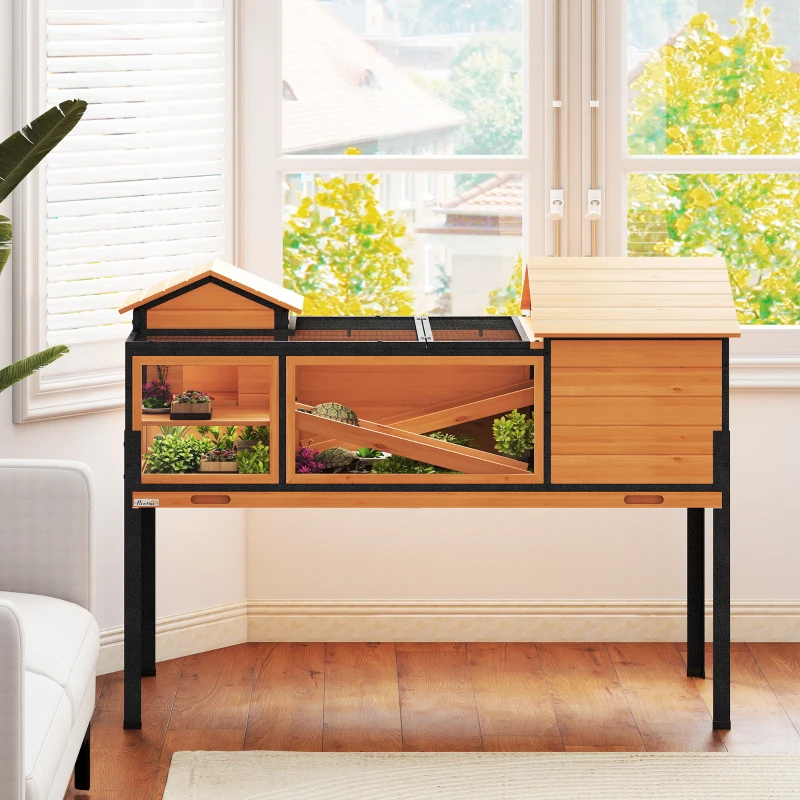 PawHut Casă pentru țestoase cu 2 etaje 2 camere ferestre rampe acoperiș rabatabil și tavă 128 x 63 x 96 cm galben