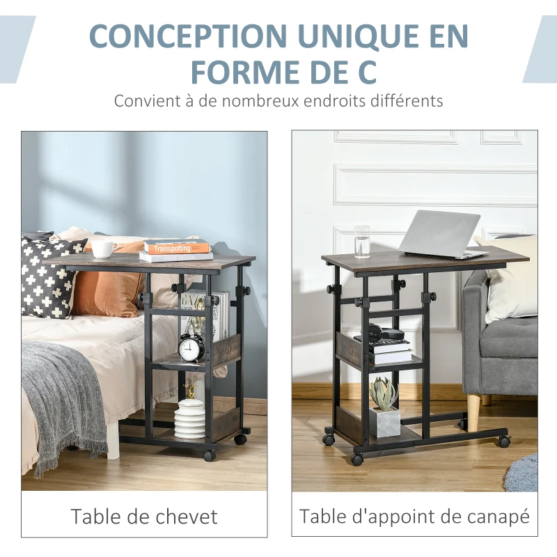 HOMCOM Table d'appoint Bout de canapé Table roulante Table de Lit pour Ordinateur Portable Hauteur réglable - 2 étagères intégrées - cadre métal Marron