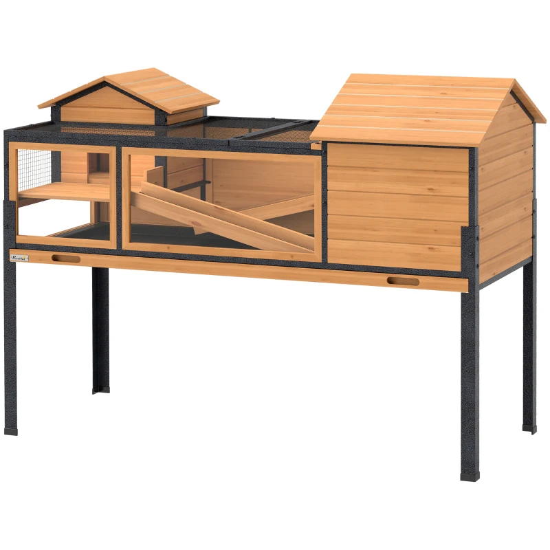 PawHut Casă pentru țestoase cu 2 etaje 2 camere ferestre rampe acoperiș rabatabil și tavă 128 x 63 x 96 cm galben