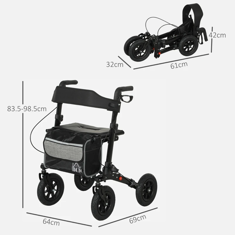 HOMCOM Deambulator pliabil 4 roți, rollator din aluminiu ușor, scaun căptușit, spătar, mânere reglabile, 69x64x98,5cm negru