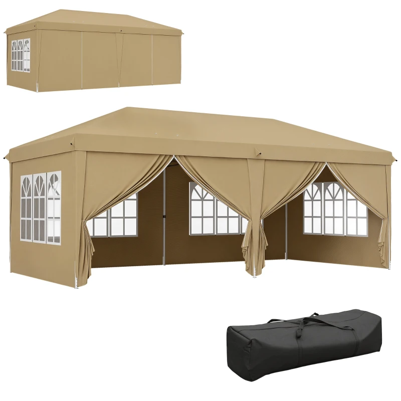 Outsunny Pavilion barnum pliant pop-up impermeabil 6 x 3 x 2,7 m 4 pereți laterali detașabili 4 ferestre husă de transport kaki