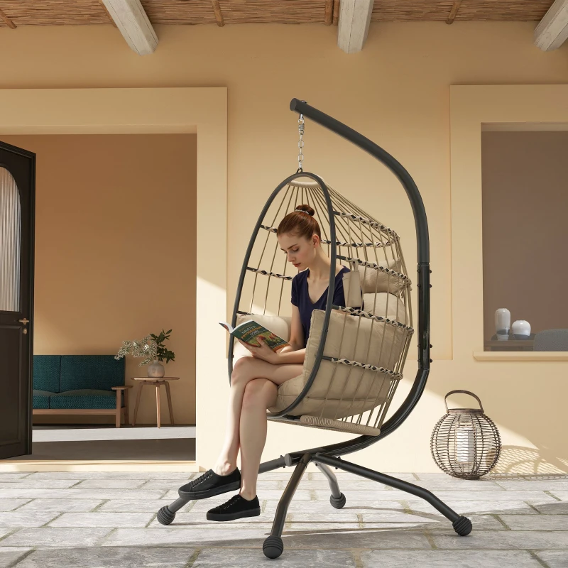 Outsunny Fotoliu tip ou suspendat, interior și exterior, coș pliabil, pernă căptușită, cadru din oțel, bej