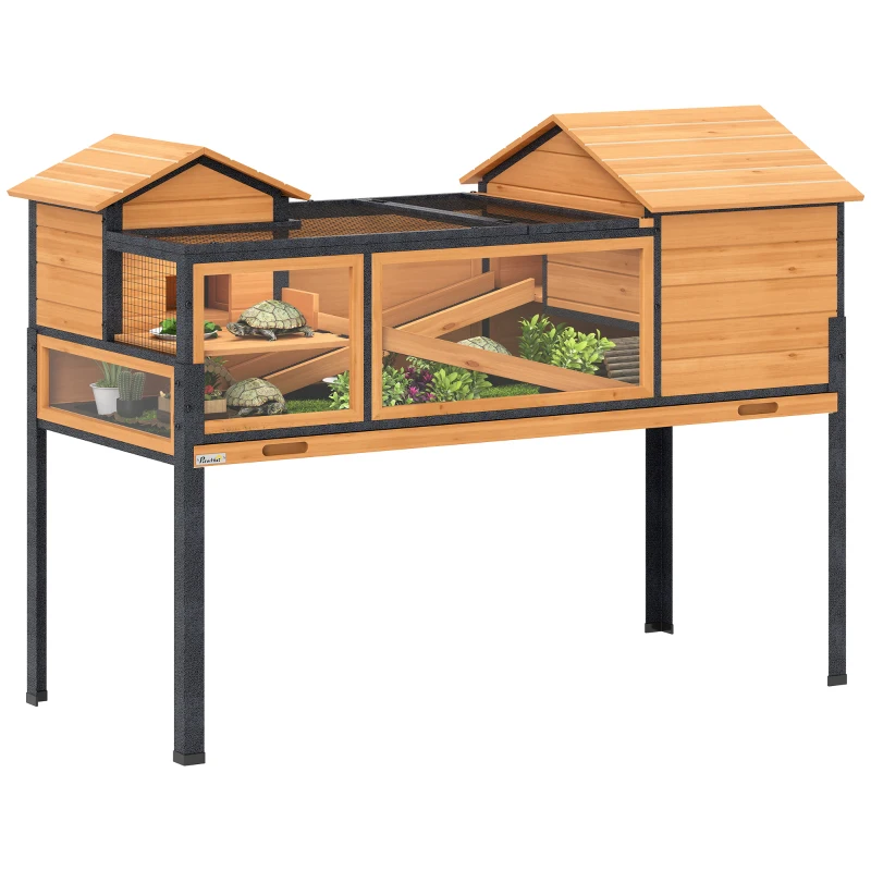 PawHut Casă pentru țestoase cu 2 etaje 2 camere ferestre rampe acoperiș rabatabil și tavă 128 x 63 x 96 cm galben