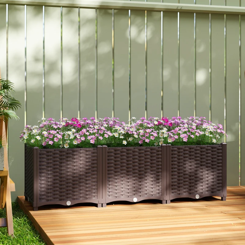 Outsunny Jardinière surélevée, lit de jardin en plastique auto-irrigantes avec trous de drainage et bouchons, 120x40x37cm, marron