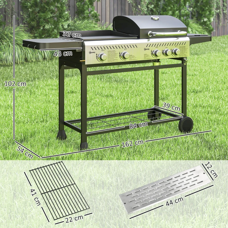 Outsunny Barbecue a Gas con Piastra e Fornello, Coperchio con Termometro e Ripiani, Regolatore e Tubo Inclusi, Nero