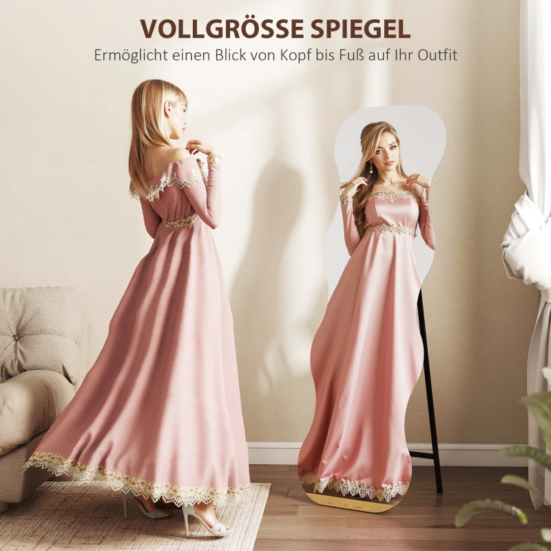 HOMCOM Ganzkörperspiegel ohne Rahmen, Holzbasis, flexibel platzierbar, Wellenform, Schwarz