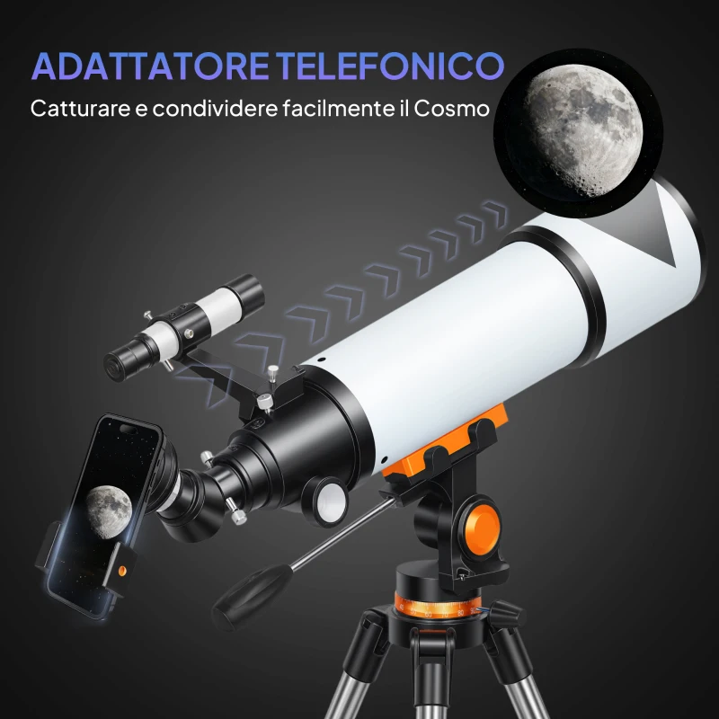 Outsunny Telescopio Astronomico 80mm con Montatura AZ, 2 Lenti Oculari e Adattatore Smartphone, 92x92x130 cm, Bianco e Nero