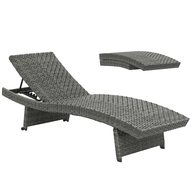 Outsunny Outdoor PE Rattan Sun Lounger, Folding Wicker Garden Lounger Recliner with 4-Level Adjustable Backrest, Rolling Sunbed Lounge Chair with Wheels, Non-Slip Legs for Balcony, Beach, Mixed-grey