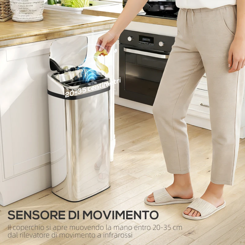 HOMCOM Bidone per Rifiuti da 40L con Sensore per Apertura e Chiusura Automatica, 33x25x70 cm, Argento