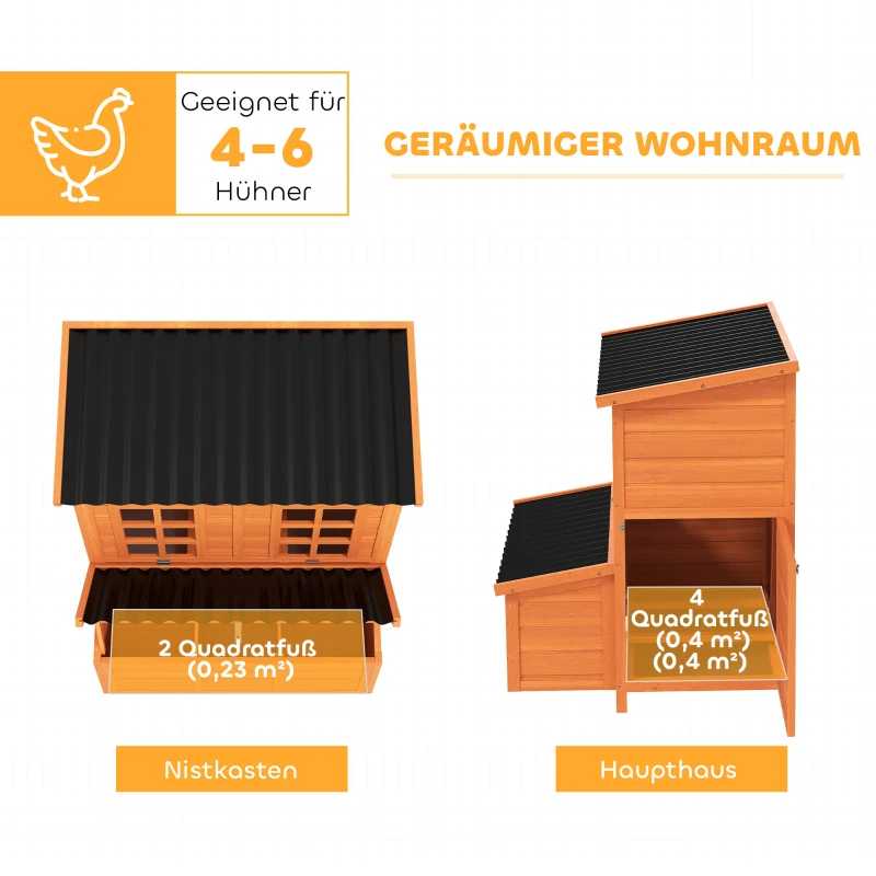 PawHut Hühnerstall mit Nestkasten für 4-6 Hühner, Wasserfestes Dach, Tannenholz, Kunststoff, 100 x 86 x 100 cm, Orange