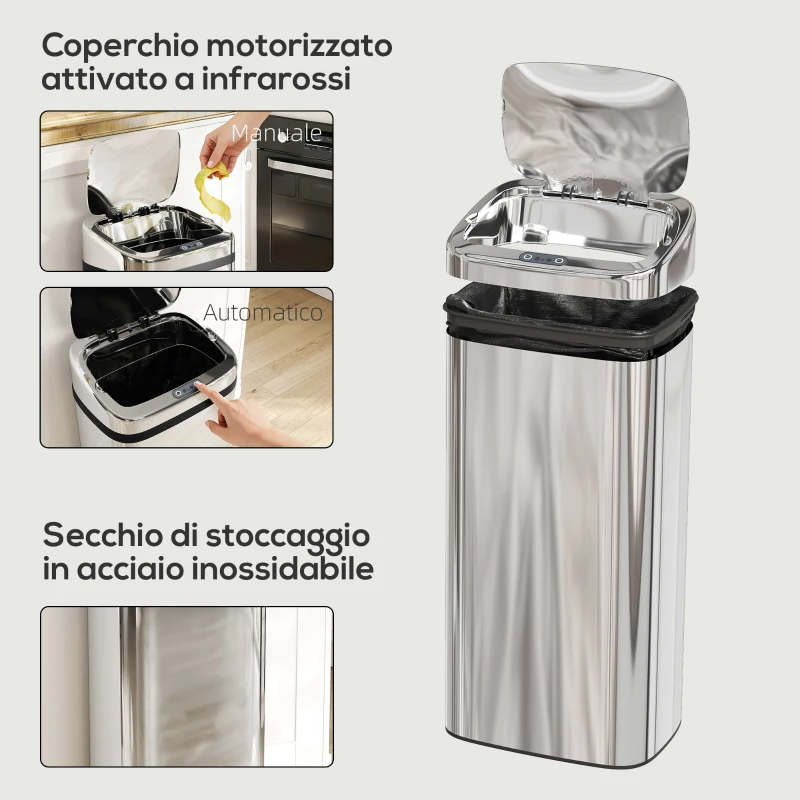 HOMCOM Bidone per Rifiuti da 40L con Sensore per Apertura e Chiusura Automatica, 33x25x70 cm, Argento