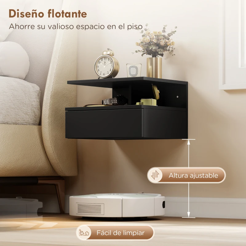 HOMCOM Juego de 2 Mesitas de Noche Flotantes con Cajón Montado en la Pared 35x32x22,5 cm Negro