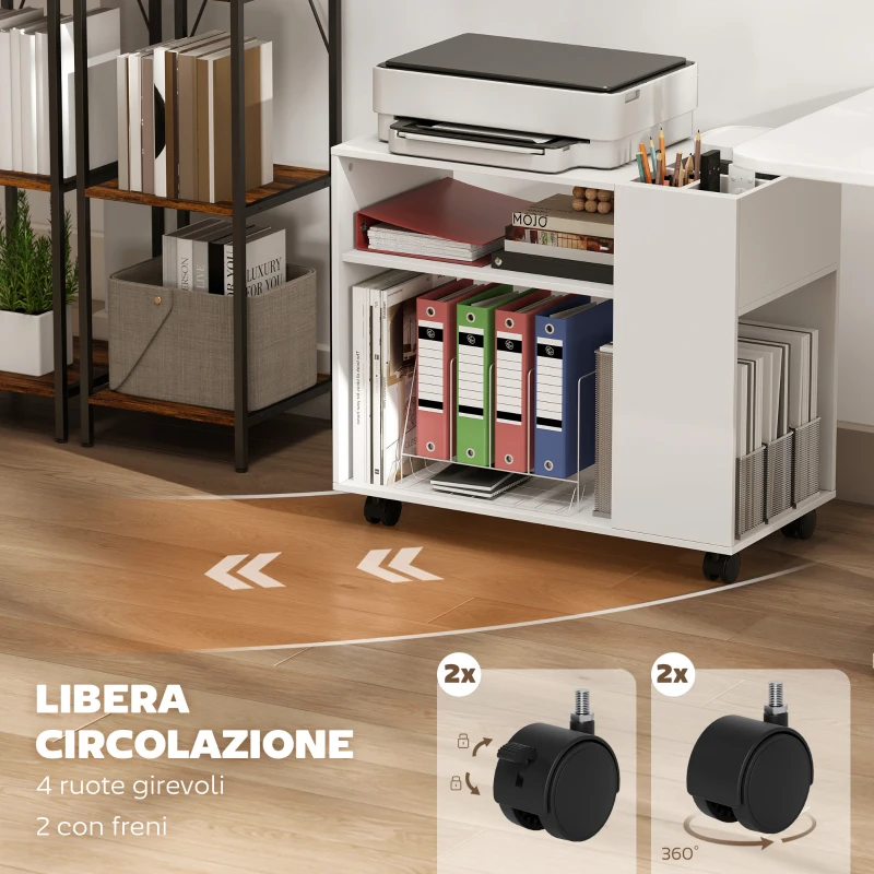 HOMCOM Tavolino da Salotto con Ruote, Vani Aperti, Ripiano e Scomparto, 70x36x60 cm, Bianco