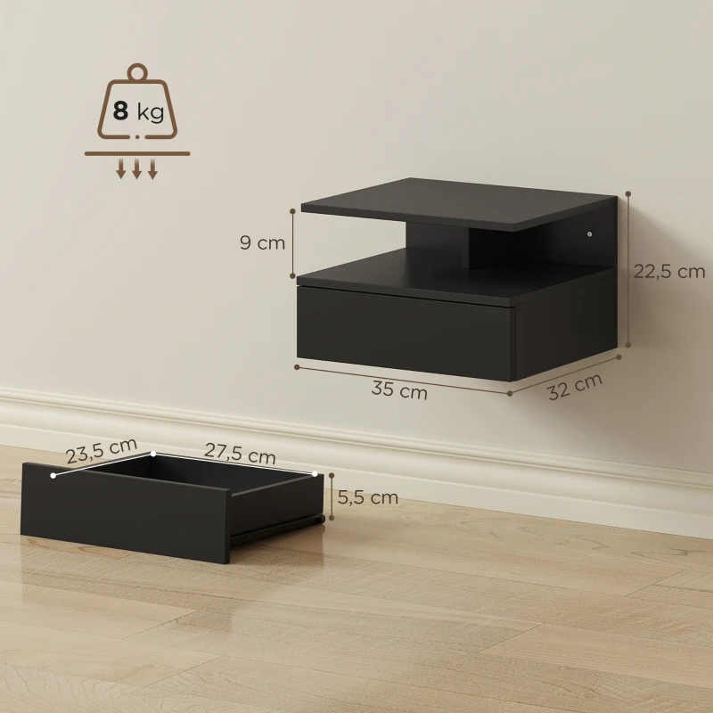 HOMCOM Juego de 2 Mesitas de Noche Flotantes con Cajón Montado en la Pared 35x32x22,5 cm Negro