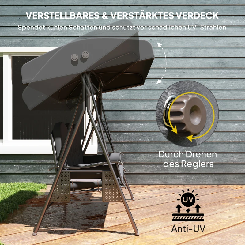 Outsunny Hollywoodschaukel 3-Sitzer Gartenschaukel mit Sonnendach Tablett Sitzauflage  bis 360kg Dunkelgrau