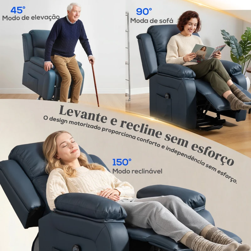 HOMCOM Poltrona Relax Levanta Pessoas com Controle Remoto Reclinação Elétrica de 160° Apoio para os Pés 76x90x105 cm Azul Escuro