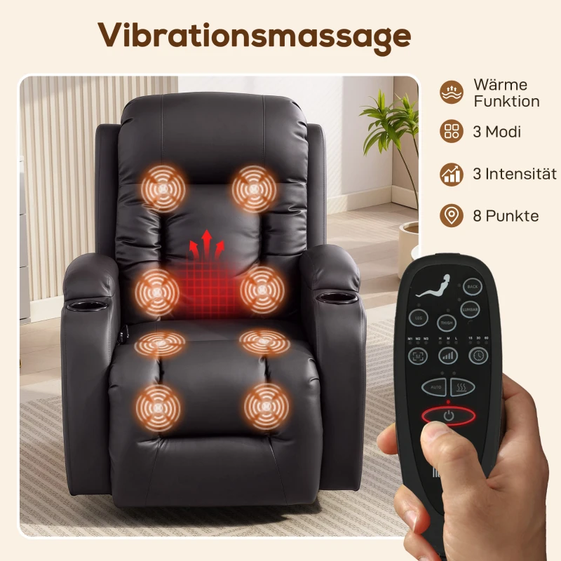 HOMCOM Massagesessel mit Wipp-, Liege- & Wärmefunktion, 3 Modi, drehbar, Dunkelbraun