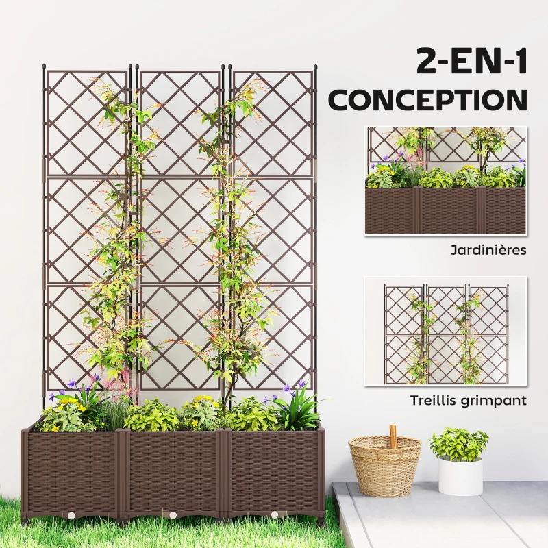 Outsunny Jardinière avec treillis, bac à fleurs sur roulettes avec système d'auto-arrosage, 120x40x192cm, marron
