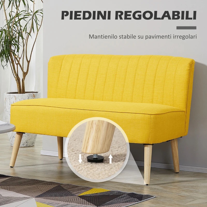 HOMCOM Divano 2 Posti in Tessuto Effetto Lino Senza Braccioli con Gambe in Legno, 117x56.5x77 cm, Giallo