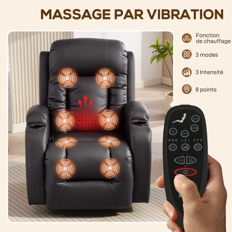 HOMCOM Fauteuil inclinable de massage et chauffage, fauteuil de relaxation, dossier réglable, pivotant 360°, 82x99x103cm, marron
