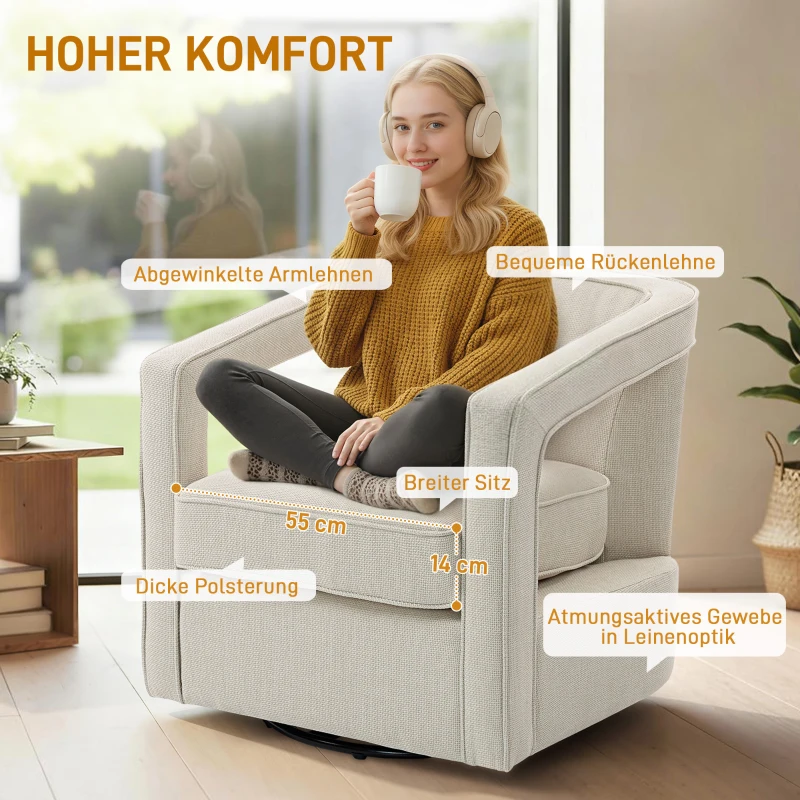 HOMCOM Sessel Wohnzimmer 360° drehbar Loungesessel Relaxsessel mit einteilig Rückenlehne und Armlehnen 77 x 75 x 72 cm Beige