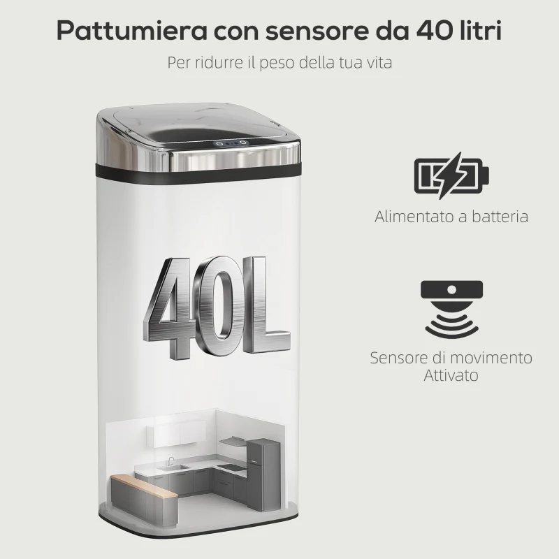 HOMCOM Bidone per Rifiuti da 40L con Sensore per Apertura e Chiusura Automatica, 33x25x70 cm, Argento