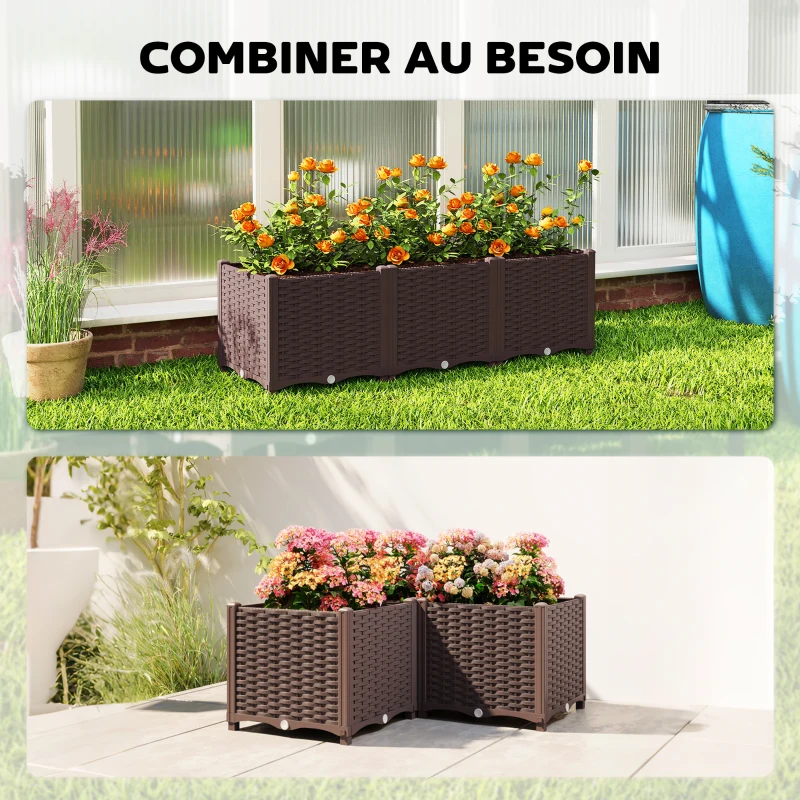 Outsunny Jardinière surélevée, lit de jardin en plastique auto-irrigantes avec trous de drainage et bouchons, 120x40x37cm, marron
