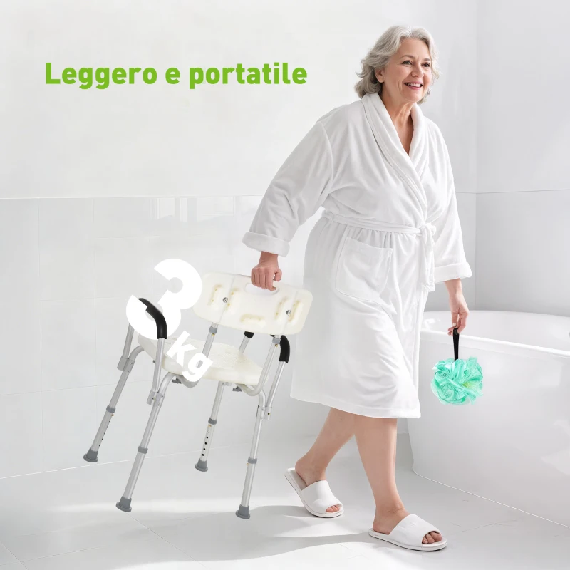 HOMCOM Sedia da Doccia in HDPE a 6 Altezze Regolabili con Schienale e Braccioli, 47x50x74-87 cm, Bianco e Argento