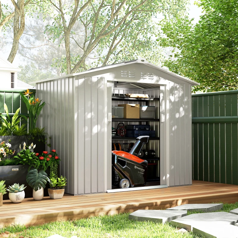 Outsunny Abrigo de Jardim 2,42 m 213x130x185 cm Abrigo de Jardim Metálico para Armazenamento com 2 Portas Deslizantes e 4 Janelas Cinza Claro