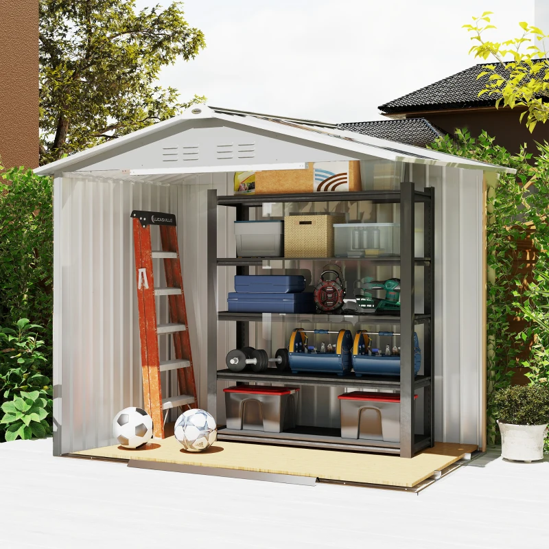 Outsunny Abrigo de Jardim 2,42 m 213x130x185 cm Abrigo de Jardim Metálico para Armazenamento com 2 Portas Deslizantes e 4 Janelas Cinza Claro