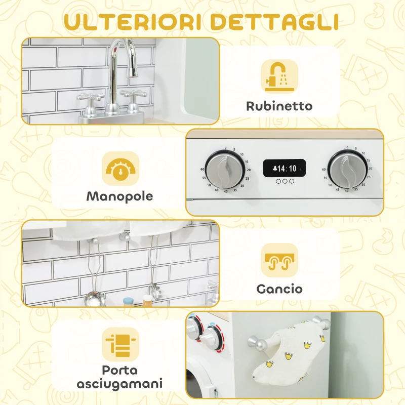 AIYAPLAY Cucina Giocattolo per Bambini 3-6 Anni in Legno con Set di Accessori, Lavandino e Manopole con Suoni, Bianco