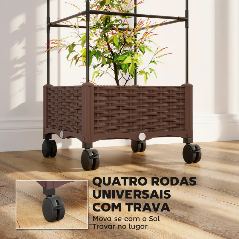 Outsunny Floreira com Treliça e Rodas com Drenagem para Cultivo de Vegetais Flores e Ervas Aromáticas 40x40x165 cm Castanho