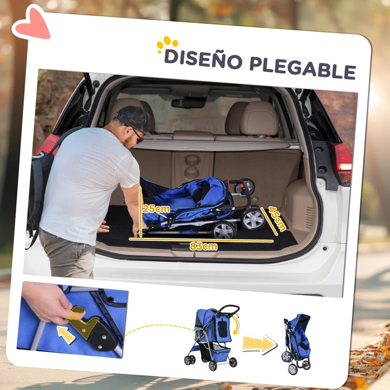 PawHut Carrito para Perros Pequeños con Toldo Ajustable Cesta de Almacenaje Portavasos y 2 Ruedas Universales 75x45x97 cm Azul