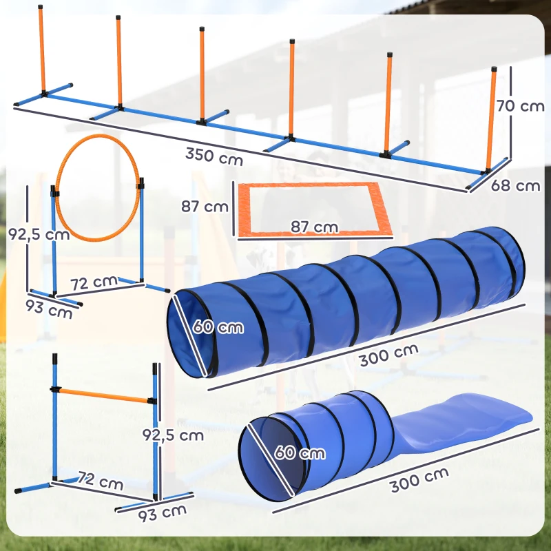 PawHut Conjunto Agility para Cães 11 Peças Equipamento Agility para Cães com 2 Túneis Altura Ajustável Aro de Salto & Barreiras Varetas de Slalom