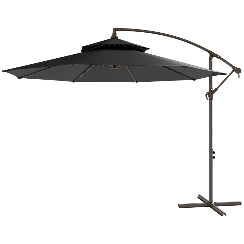 Outsunny 2.7m Garden Banana Parasol Cantilever Umbrella with Crank Handle, Double Tier Canopy and Cross Base for Outdoor, Hanging Sun Shade, Black(m-11)