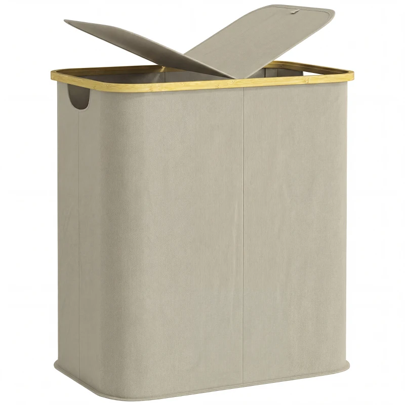 HOMCOM Cesto de ropa doble plegable 80 L cubo de ropa sucia con tapa, asas ranuradas, beige