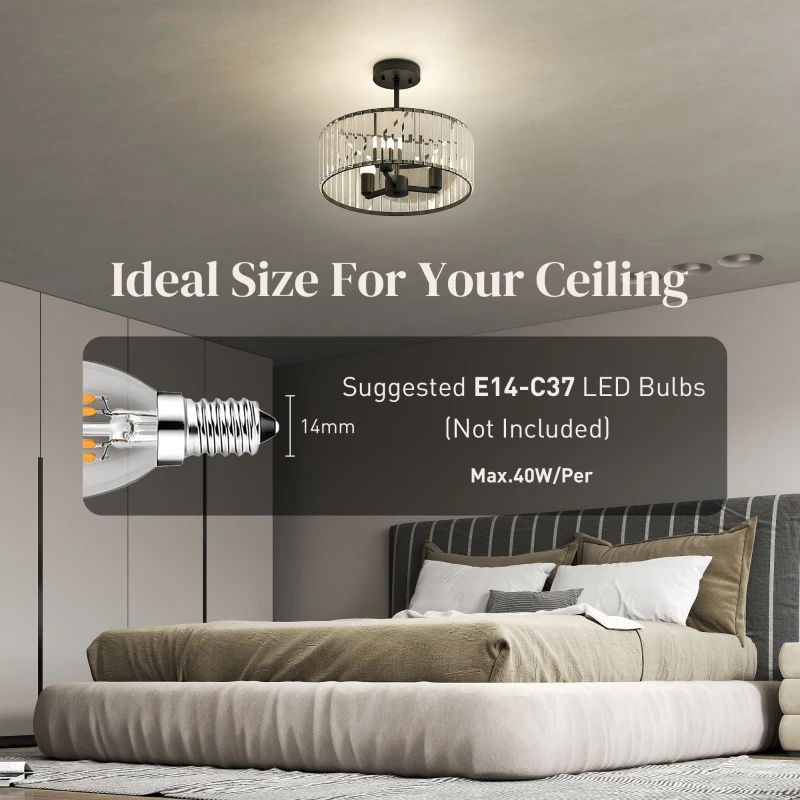 HOMCOM Crystal Ceiling Light, Semi Flush Mount Modern Crystal Chandelier Ceiling Light, E14 Base 3-Lights, Bulbs Not Included