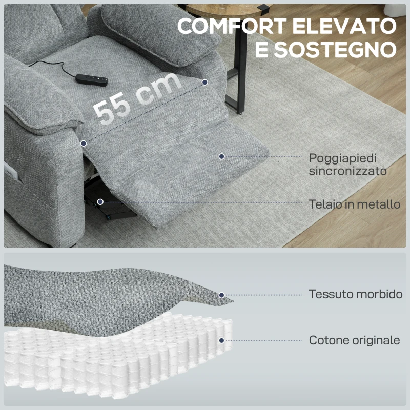 HOMCOM Poltrona Reclinabile 150° Effetto Velluto con Poggiapiedi, Telecomando e Tasca Laterale, 96x90x103 cm, Grigio