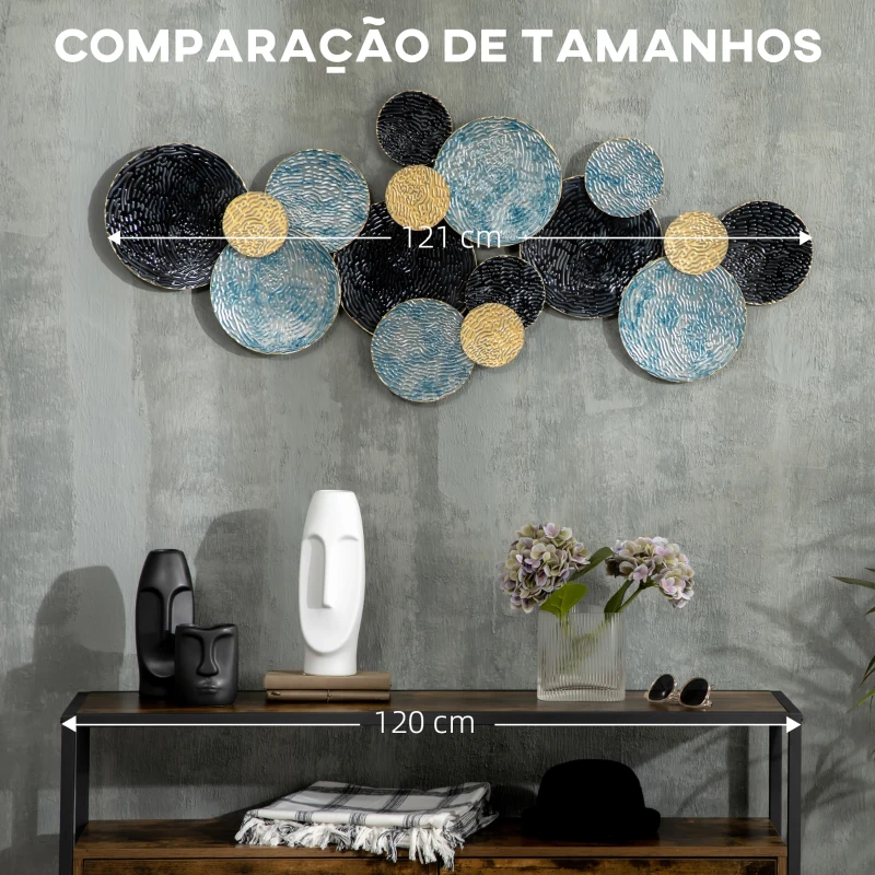 HOMCOM Arte Metálica de Parede 3D Adornos Modernos Redondos para Pendurar Decoração para Sala Quarto 21x53 cm Multicolor