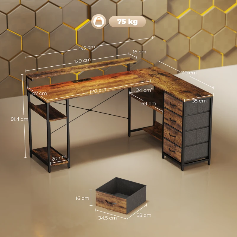 HOMCOM Bureau Gaming en L Bureau avec prise électrique Éclairage LED 4 tiroirs Support d'écran 155x110x91,4 cm Brun