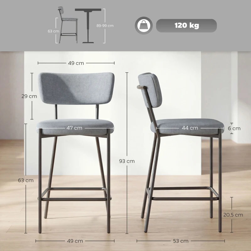 HOMCOM Lot de 2 tabourets de bar, chaises de bar, assise rembourrée, dossier courbé et repose-pieds, 49 x 53 x 93 cm, gris