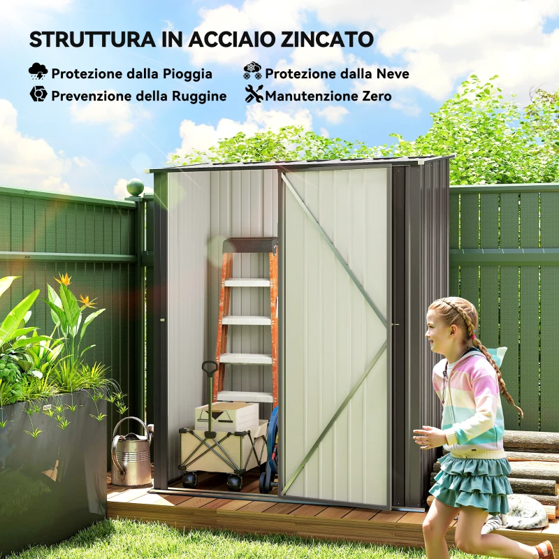 Outsunny Casetta da Giardino in Acciaio Porta Attrezzi con Catenaccio, 161.5x94.5x196cm, Grigio Chiaro