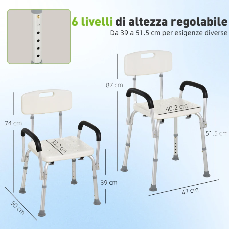 HOMCOM Sedia da Doccia in HDPE a 6 Altezze Regolabili con Schienale e Braccioli, 47x50x74-87 cm, Bianco e Argento